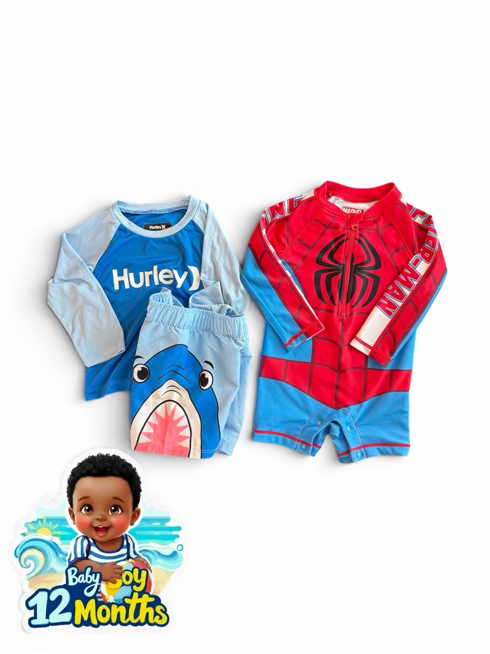 Hurley/Marvel Baby Boy 12  Months Swimsuit Pool Beach Bundle Set